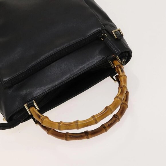 GUCCI Bamboo Hand Bag Leather 2way Black Gold - Picture 6 of 16
